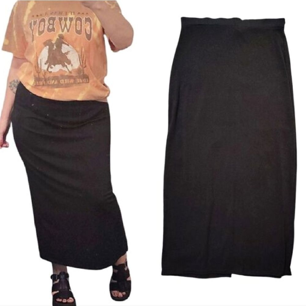 VTG‎ Y2K 90s Black Whimsigoth Pull On Straight Midi Skirt With Slit Large